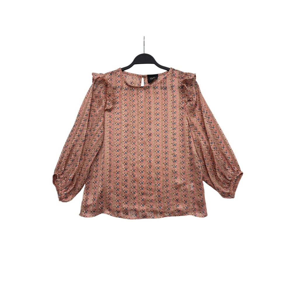 W5 Boho Geometric Ruffle Long Sleeve Blouse Pink Orange Size S